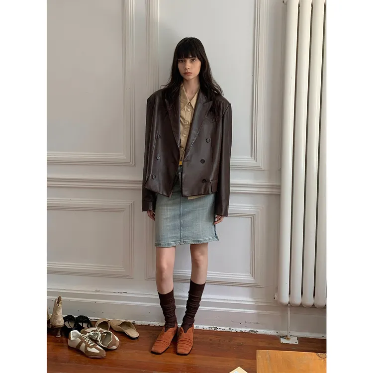 【达人专属】付智恩 沉思录 进口半植鞣绵羊皮廓形西装皮衣外套女
