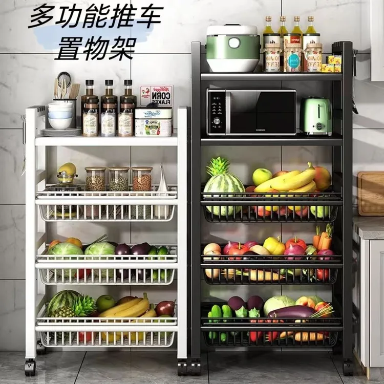 厨房置物架落地多层微波炉架子家用货架锅架蔬菜篮推车收纳储物架