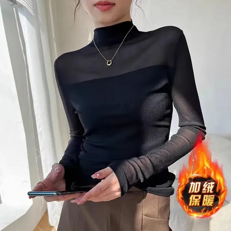 港风复古半高领网纱打底衫女秋冬2024新款气质修身内搭长袖上衣