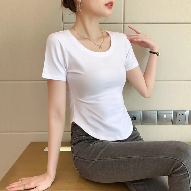 白色短袖t恤女2024夏季棉质别致弧形下摆收腰修身短款不规则上衣T