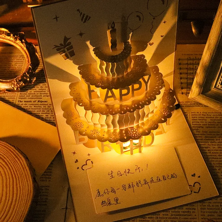 手绘生日贺卡带灯光高级感走心生日礼物送男女朋友生日快乐明信片商品图