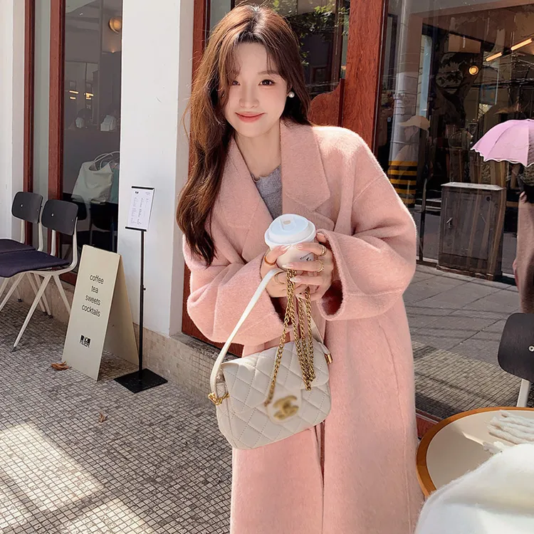 粉色双面毛呢大衣女2025秋冬新款时尚宽松中长款赫本风爆款呢外套