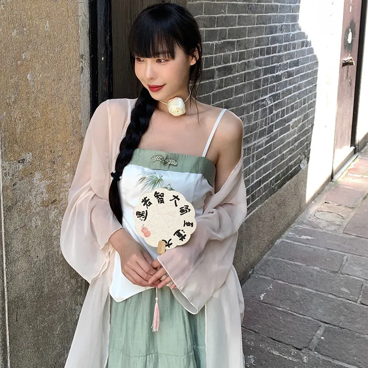 加肥加大码女装复古国风抹胸吊带上衣新中式披肩外套半身裙三件套