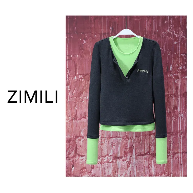 【LIANG哥女装】2025欧版莱赛尔轻薄深灰撞色假两件欧版上衣/5591