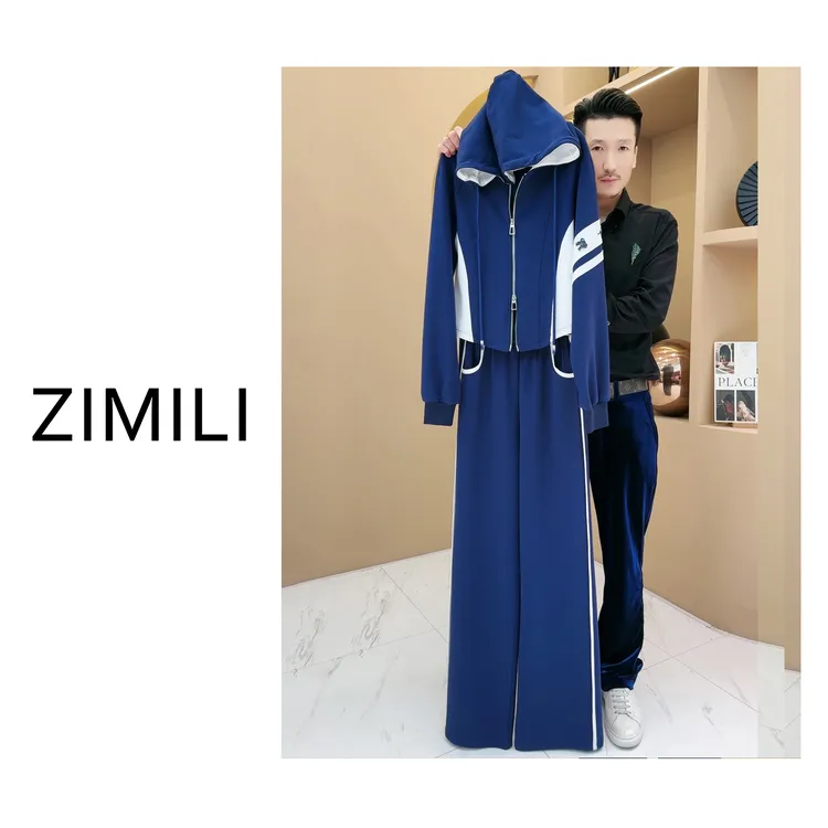 【亮哥女装】2025欧货设计师款蔵蓝色气质感轻奢连帽套装3365