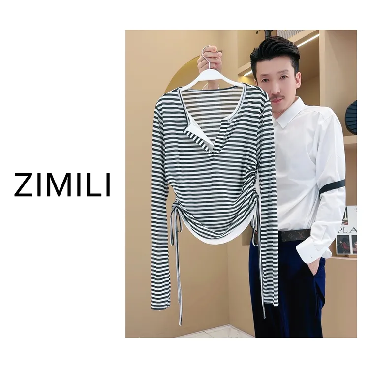 【LIANG哥女装】早秋轻薄透气黑白条纹时尚v领抽绳收腰上衣3202A