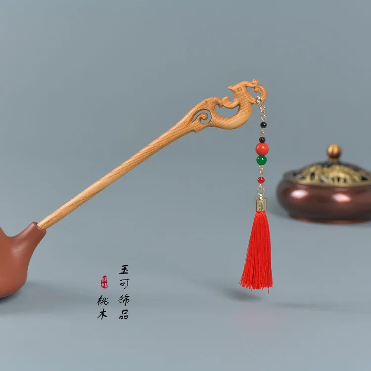 七夕礼物桃木发簪新中式凤凰流苏木簪古风木质簪子发钗吊坠创意
