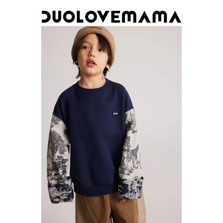 DUOLOVEMAMA 新中式拼接缇花卫衣春秋款复古风儿童上衣