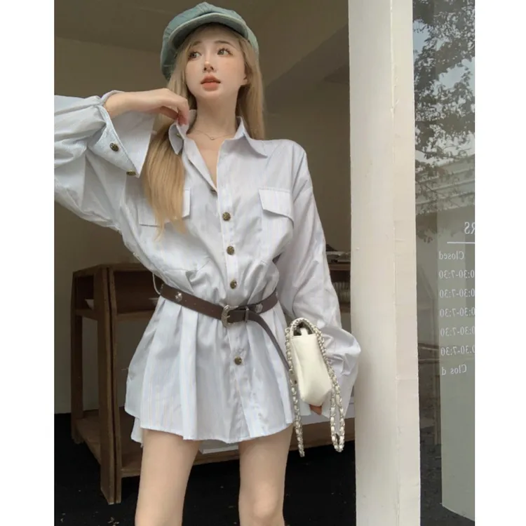 宽松韩版polo领衬衫连衣裙女秋季设计感长袖衬衣裙子收腰a字短裙
