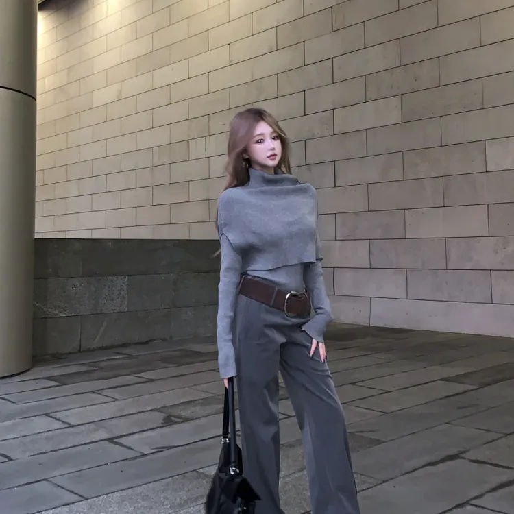 韩系修身针织衫披肩上衣女秋冬宽松直筒裤低腰休闲西装裤复古腰带
