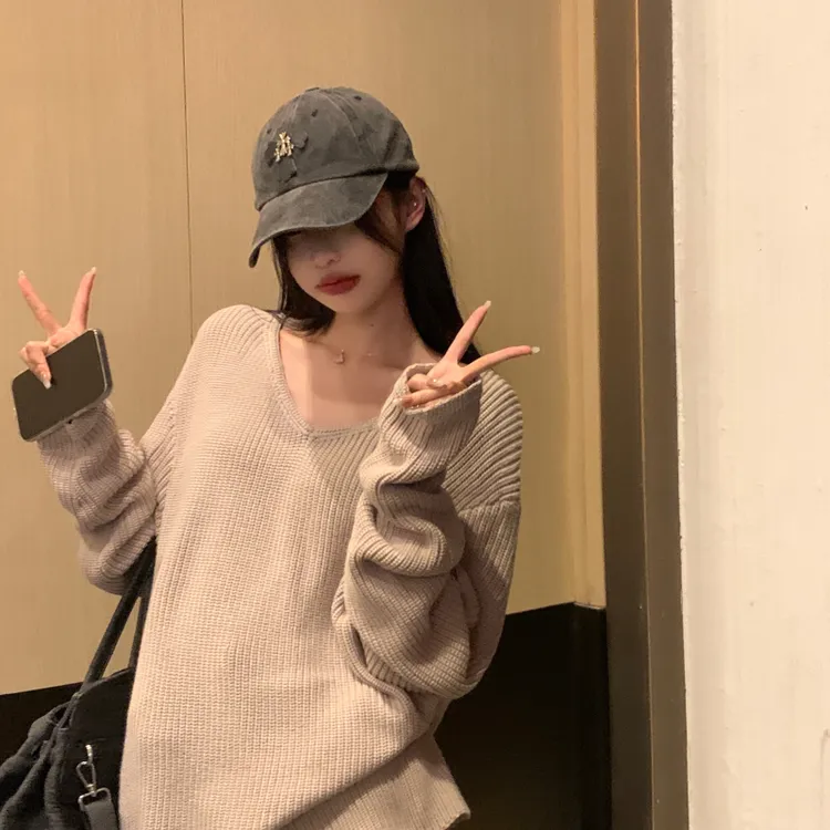 韩版慵懒风V领针织衫毛衣女秋冬宽松外穿百搭设计感长袖显瘦上衣