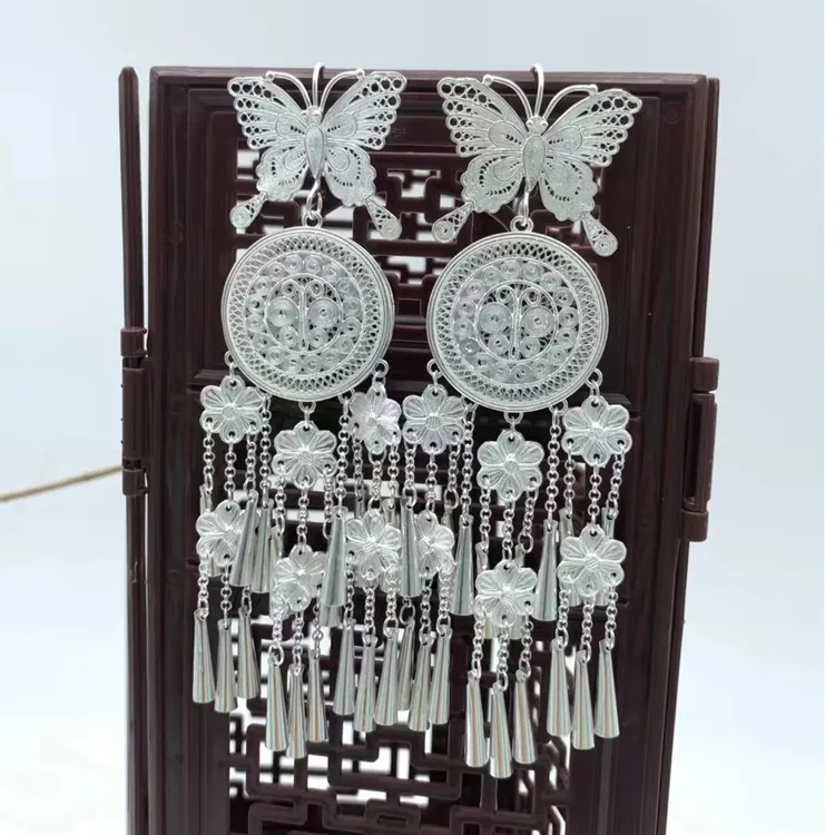 足银耳饰 紫银坊999纯手工打造双面大铜鼓流苏耳环气质古风素款