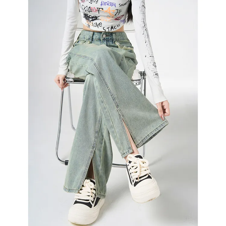 特大码胖mm开叉直筒牛仔裤女秋冬新款高腰显瘦设计感宽松阔腿裤子