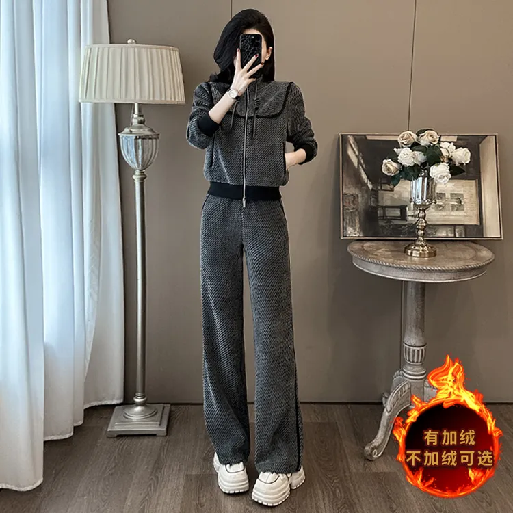 高级感加绒加厚运动套装女秋冬2025新款时尚洋气阔腿裤两件套显瘦
