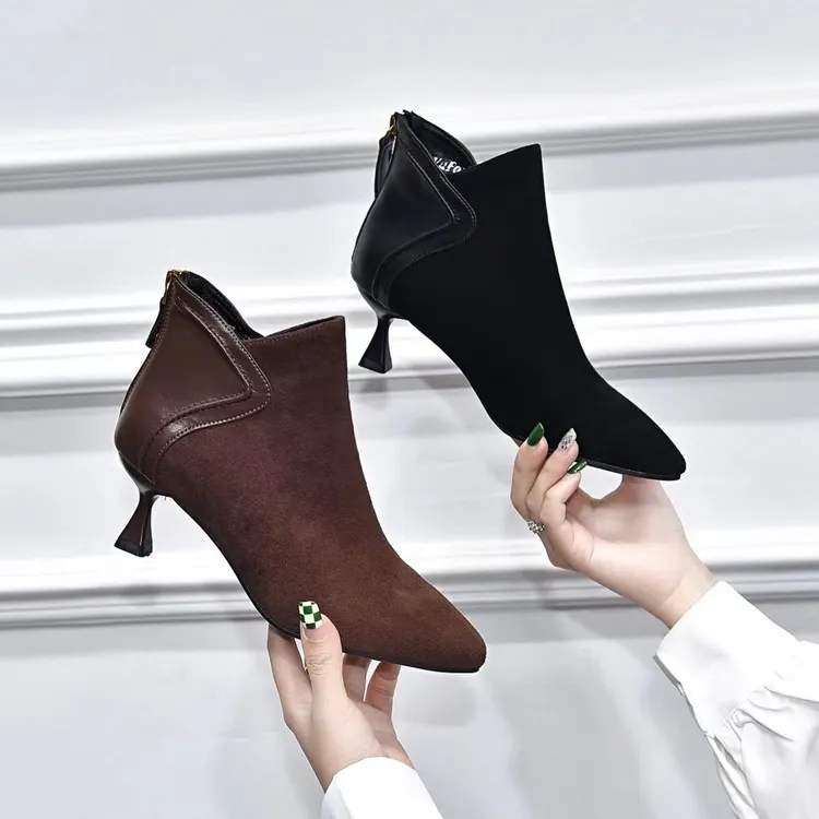 新款秋冬尖头细跟小短靴气质时尚百搭秋冬高跟裸靴跟鞋加绒瘦瘦靴