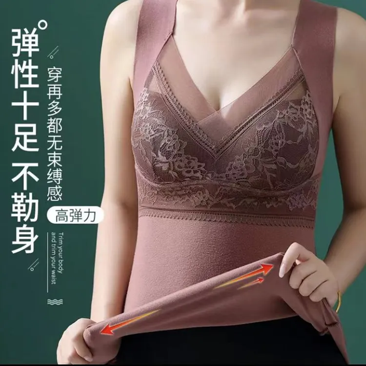新款双面磨毛蕾丝德绒保暖背心女固定一体杯打底加厚无痕保暖内衣