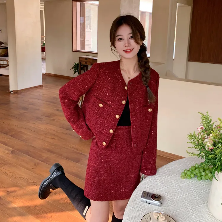 法式高级感红色小香风套装2025早秋新款名媛千金上衣半身裙两件套