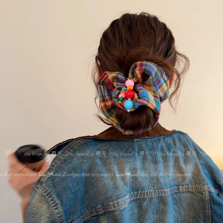 趣味彩虹格子大肠发圈高级感设计扎头发皮筋可爱头绳女生2024新款