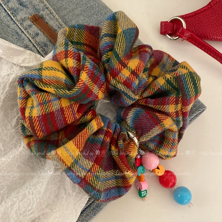 趣味彩虹格子大肠发圈高级感设计扎头发皮筋可爱头绳女生2024新款