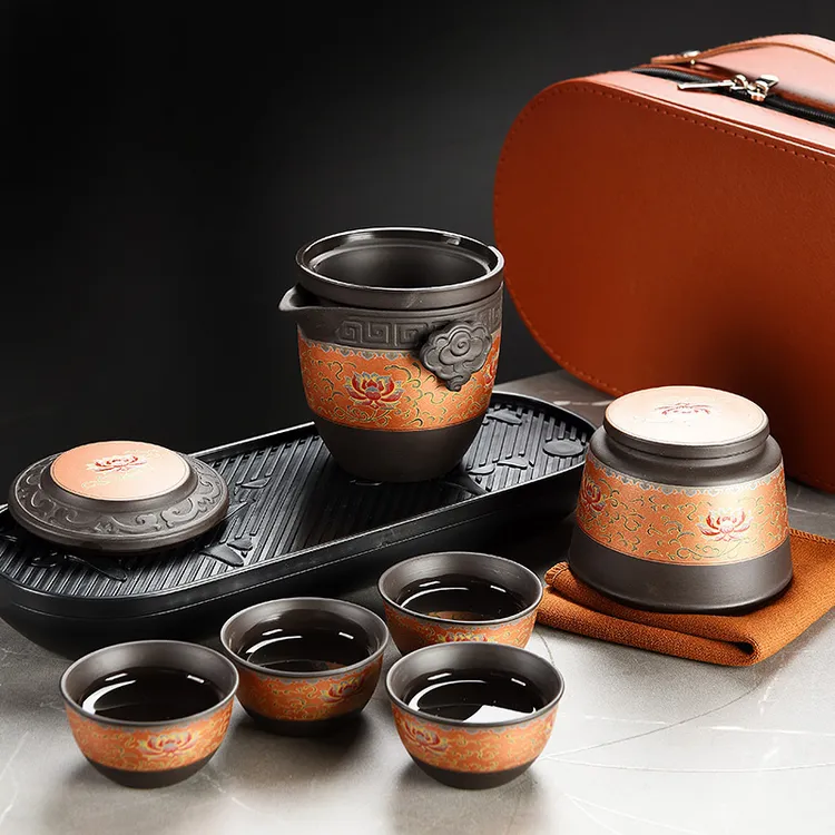 紫砂旅行茶具套装便携功夫茶具快客杯茶壶茶杯查漏户外泡茶器带包