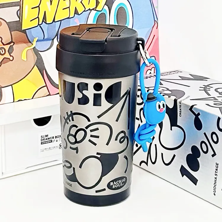 UOOHA多巴胺双饮咖啡杯儿童可爱高颜值便携吸管女生水杯陶瓷内胆