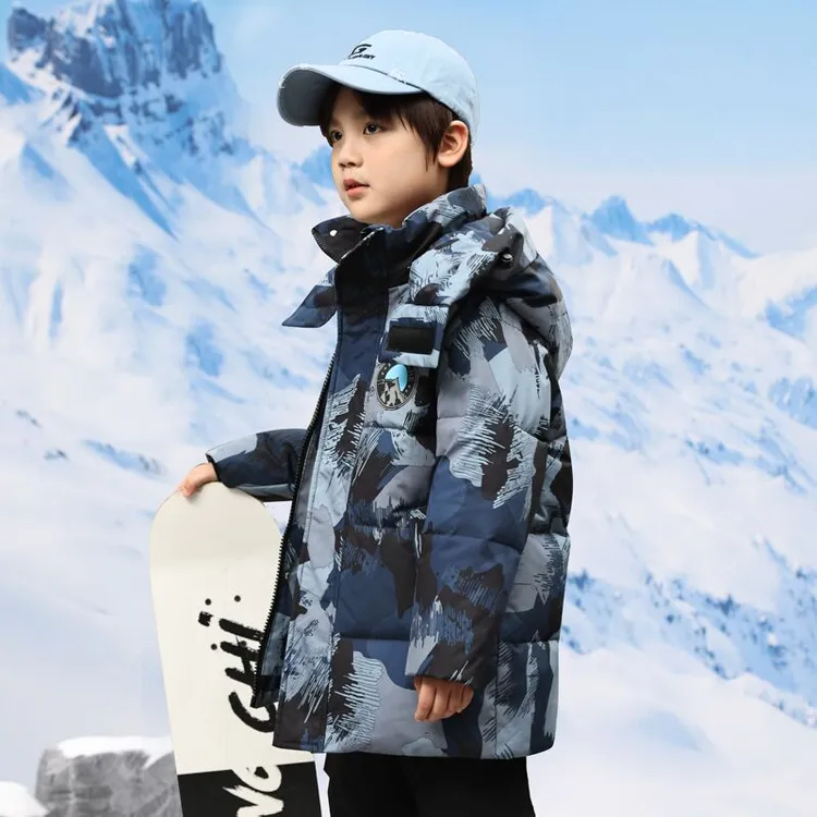 羽绒服男童新款连帽男孩大童男大童童装时尚迷彩羽绒服丝外套