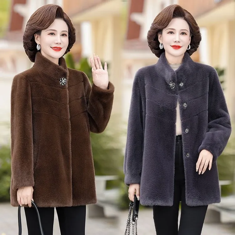妈妈秋冬装水貂绒外套2025新款贵夫人中老年女仿皮草加厚毛呢大衣