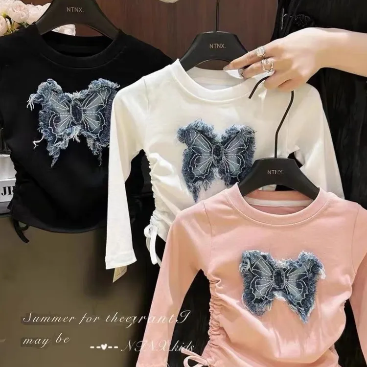 女童长袖修身T恤2025新款儿童洋气打底衫女宝宝春秋短款时髦上衣t