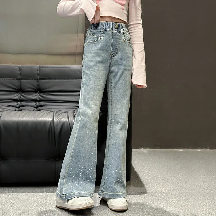秋装女童烫钻喇叭裤牛仔裤弹力12-15岁8新款大童女孩春秋微喇长裤