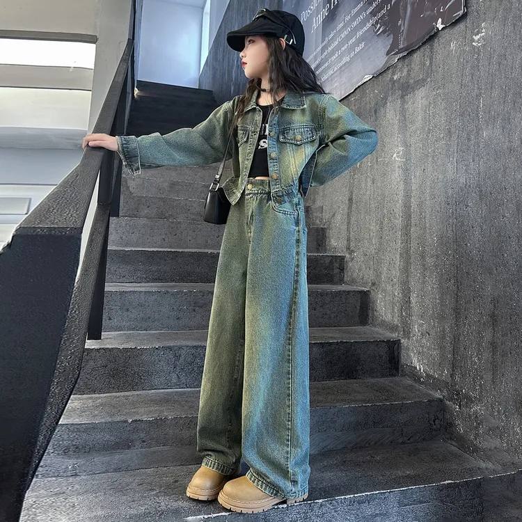 春装女童复古牛仔套装6-12岁15岁春秋新款大童女孩时髦阔腿两件套