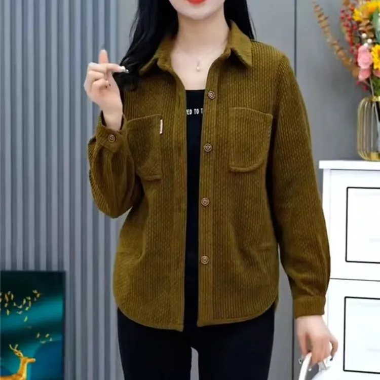 小个子妈妈装纯色翻领秋季休闲条绒外套开衫长袖中年女士夹克上衣