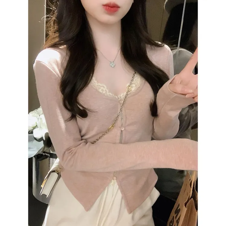 秋冬新款蕾丝假两件v领长袖t恤女收腰显瘦百搭纯欲辣妹打底衫上衣