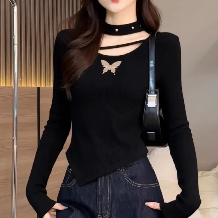 【现货】2025秋季新款 时尚蝴蝶装饰纯色百搭修身显瘦洋气长袖上衣