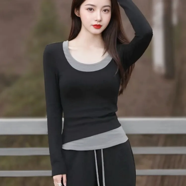 韩系假两件拼接长袖t恤女秋冬季内搭修身短款紧身撞色打底衫上衣