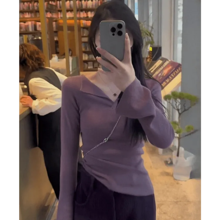 【现货】纯色V领软糯t恤女百搭休闲修身显瘦长袖打底衫上衣秋