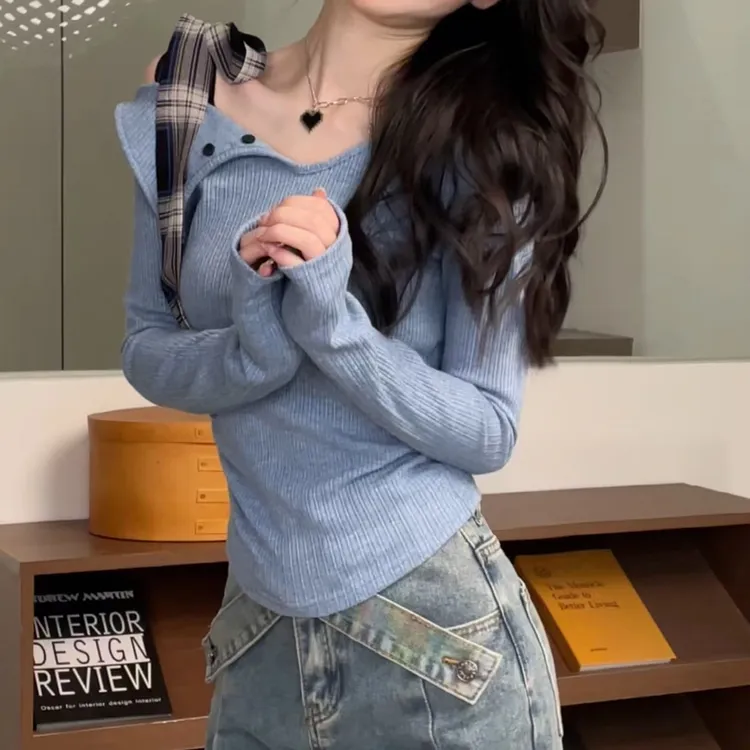 新款不规则蝴蝶结露肩针织衫女装秋季小众修身内搭长袖打底衫上衣