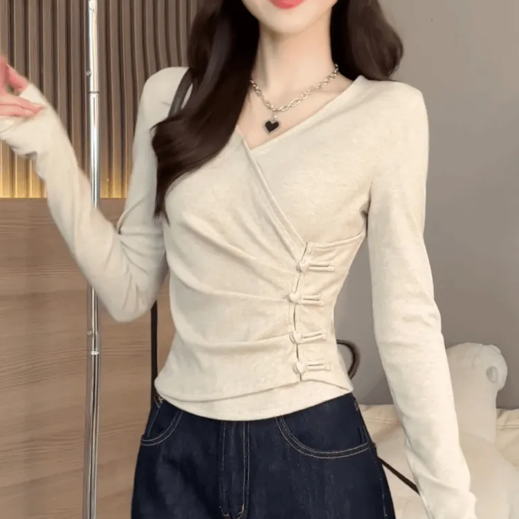 【现货】韩系不规则v领长袖t恤女短款收腰显瘦内搭打底衫上衣