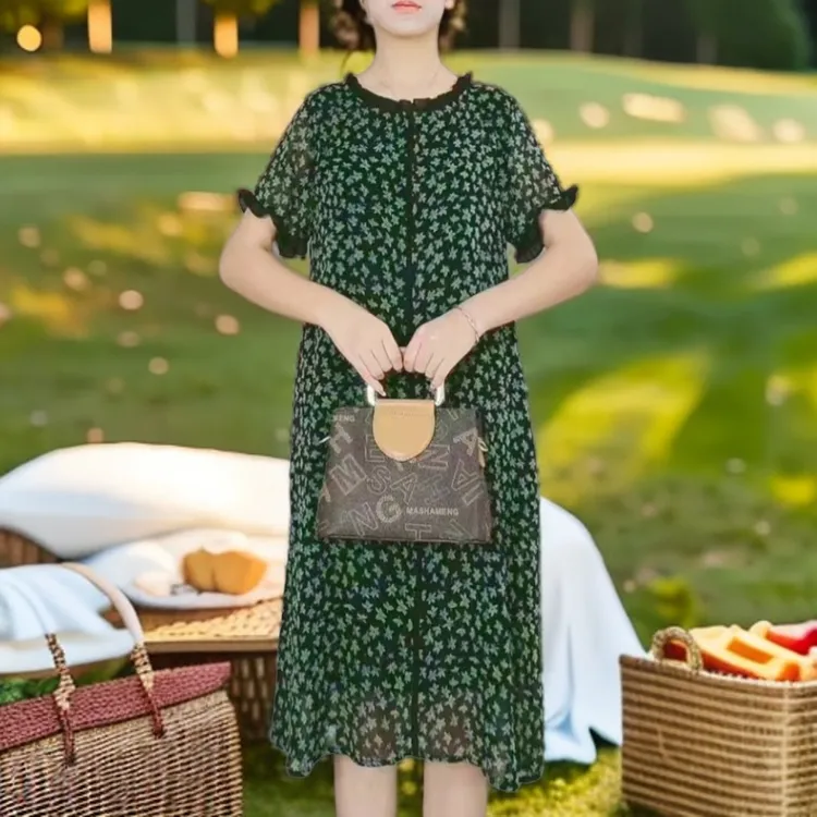 短袖宽松遮肚连衣裙子大码妈妈装气质洋气中长款夏季显瘦