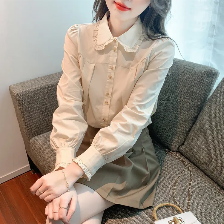 2025春季新款法式复古奶酪黄木耳边设计感衬衫女修身长袖上衣