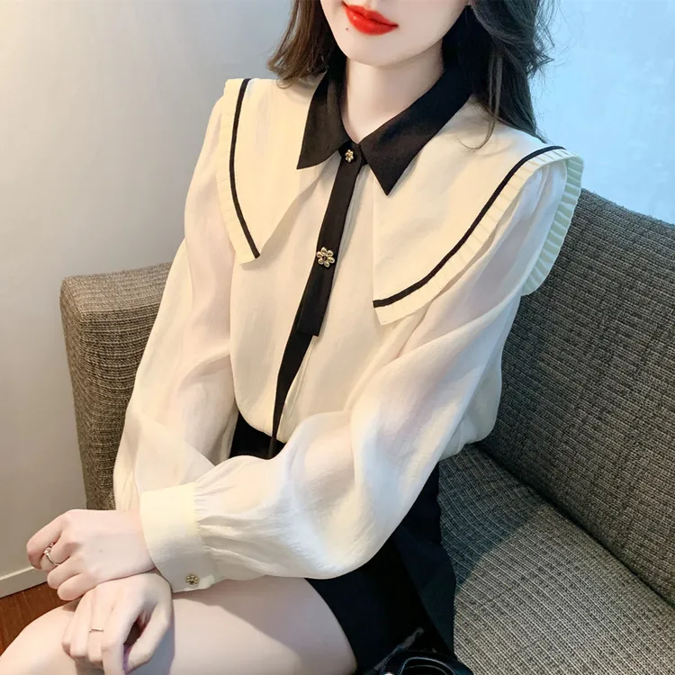 （小铃铛）娃娃领长袖衬衫女秋2024设计感小众打底衫气质雪纺上衣