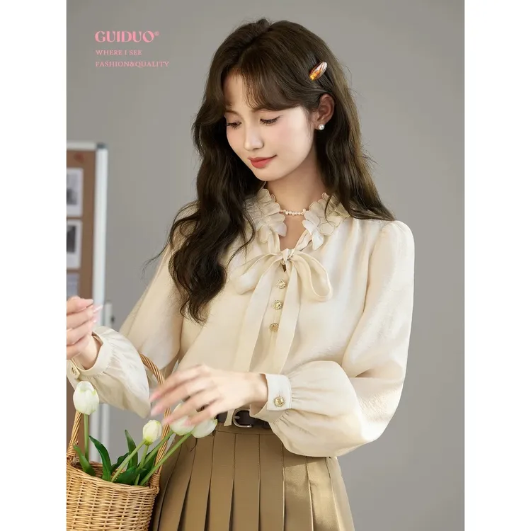 雪纺长袖v领衬衫女春季2024年新款蝴蝶结泡泡袖法式气质提花上衣