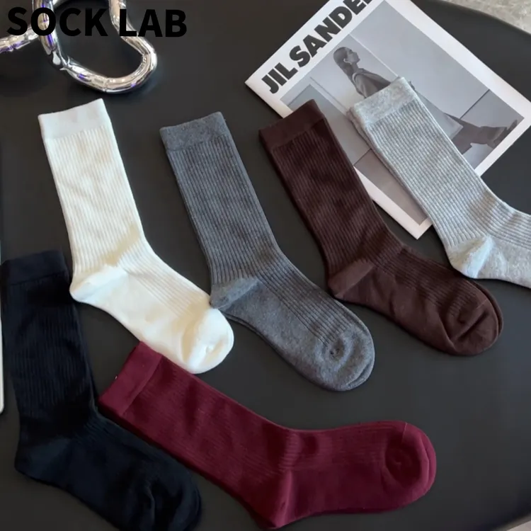 新款安可拉红秋冬女中筒袜堆堆袜复古潮流棉质加厚中筒袜简约显瘦