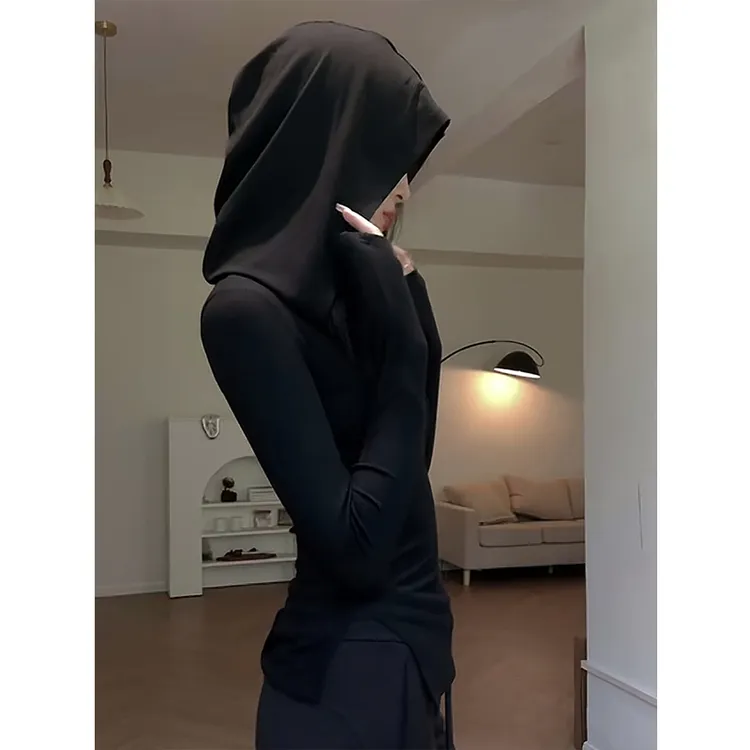 黑色气质连帽T恤女装秋季2024新款修身设计感小众长袖打底衫上衣