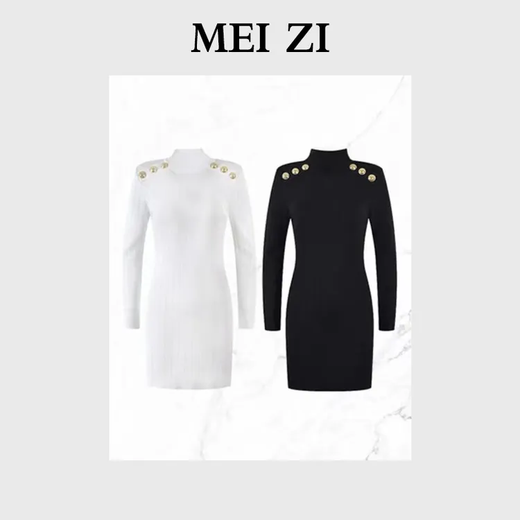 SMeizy【B曼】穿上就显贵气质半高领紧身针织连衣裙裙长袖修身打底