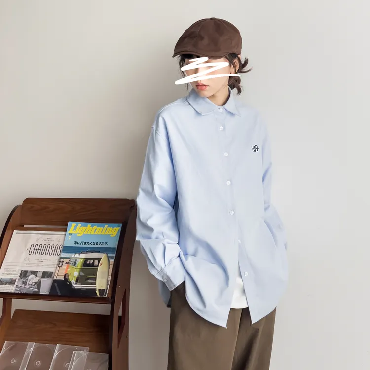 苏打汽水工作室日系春秋字母刺绣长袖衬衫男女同款学院风休闲衬衣