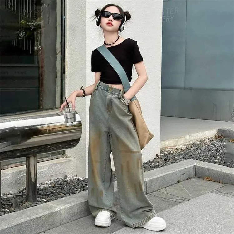 女童夏季短袖套装2024新款韩版中大童薄款短T恤涂鸦做旧牛仔裤潮