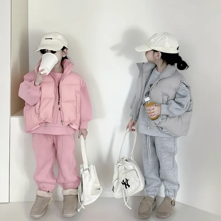 女童套装秋冬装新款加绒加厚韩版时髦洋气棉马甲卫衣卫裤三件套潮