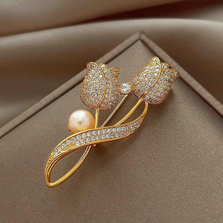 合金仿珍珠胸针 轻奢珍珠满钻郁金香胸针女高档别针固定衣服胸花