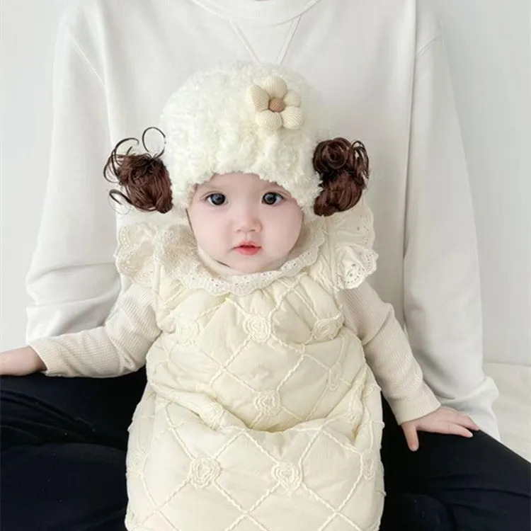新款女宝宝帽子秋冬季婴儿假发帽可爱萌韩版公主毛线帽加厚