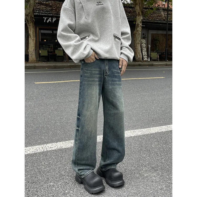 春夏季复古蓝水洗牛仔裤男生潮流百搭美式高街休闲宽松直筒长裤子